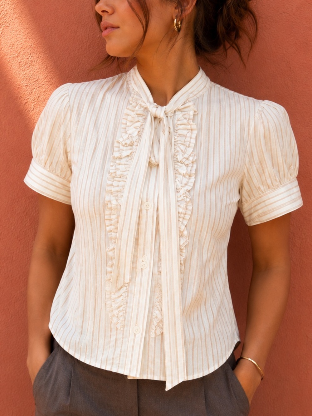 Twentyone Cream Striped Ruffle Tie Neck Blouse S